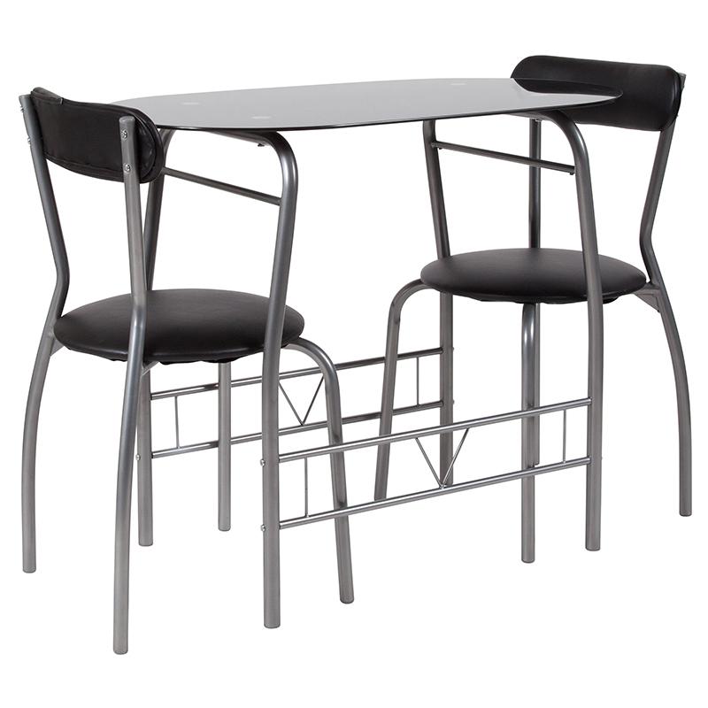 Sutton 3 Piece Space-Saver Bistro Set with Black Glass Top Table and Black Vinyl Padded Chairs. Picture 1
