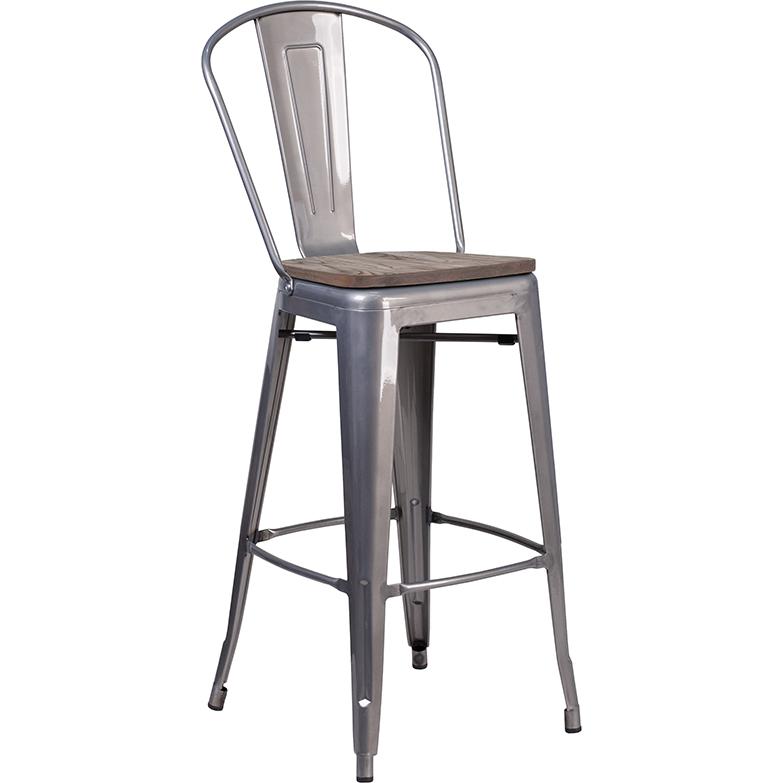30" High Clear Coated Barstool with Back and Wood Seat. Picture 1