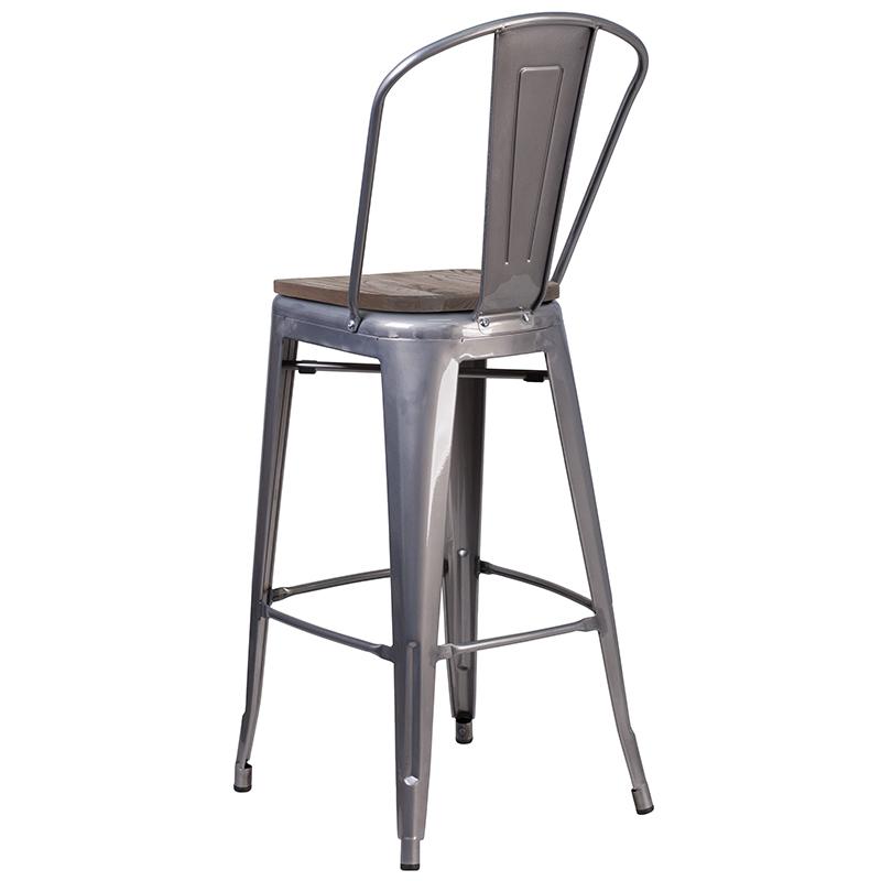 30" High Clear Coated Barstool with Back and Wood Seat. Picture 3