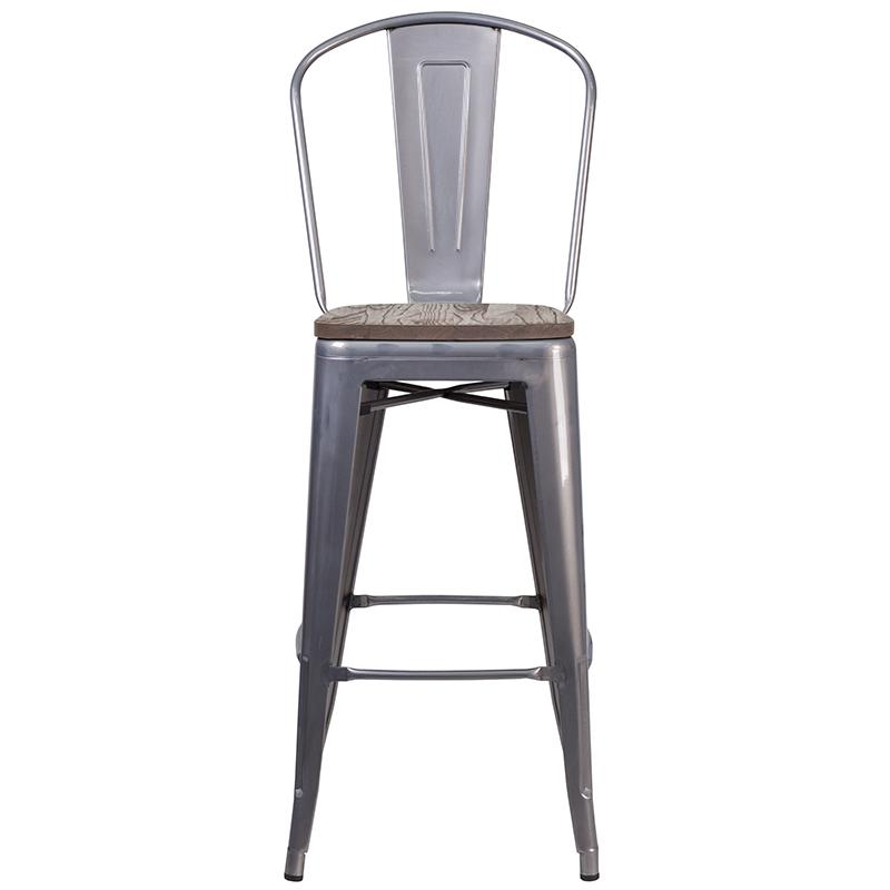 30" High Clear Coated Barstool with Back and Wood Seat. Picture 4
