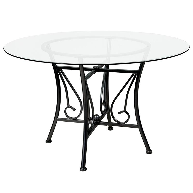 48'' Round Glass Dining Table with Black Metal Frame. Picture 1