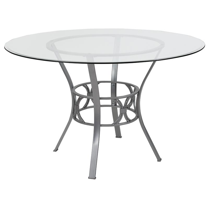 48'' Round Glass Dining Table with Silver Metal Frame. Picture 1