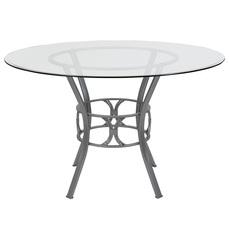 48'' Round Glass Dining Table with Silver Metal Frame. Picture 2