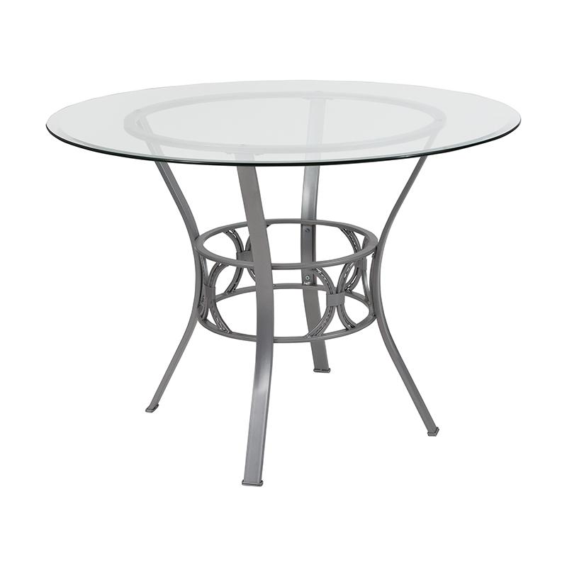 42'' Round Glass Dining Table with Silver Metal Frame. Picture 1