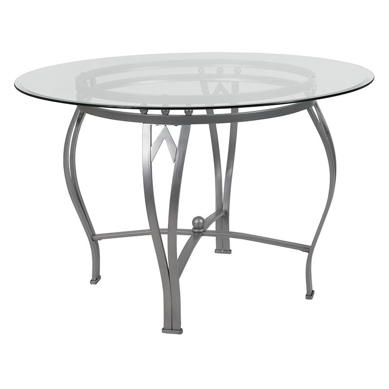45'' Round Glass Dining Table with Silver Metal Frame. Picture 1
