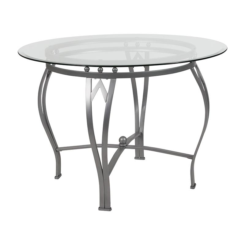 42'' Round Glass Dining Table with Silver Metal Frame. Picture 1