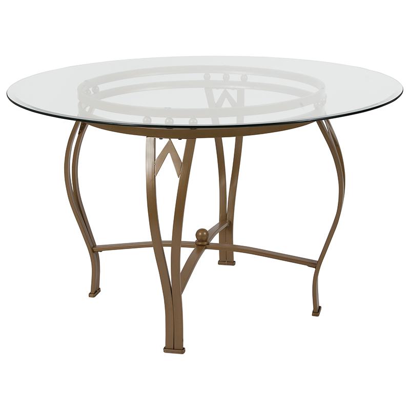 Syracuse 48'' Round Glass Dining Table with Matte Gold Metal Frame. Picture 1