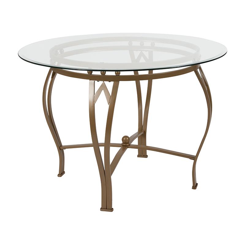 42'' Round Glass Dining Table with Matte Gold Metal Frame. Picture 1