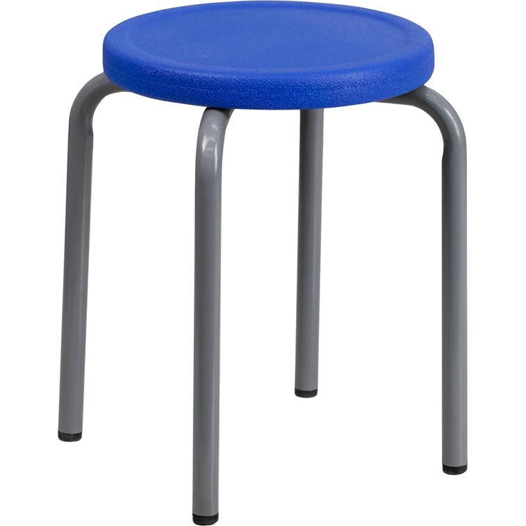 Stackable Stool with Blue Seat and Silver Powder Coated Frame. Picture 1